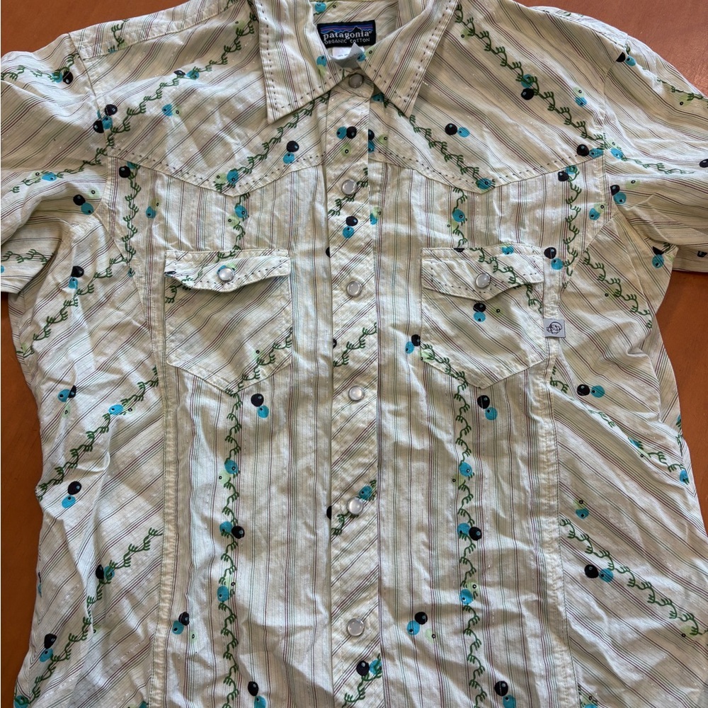 Patagonia Cream and Green Embroidered Button-Down Shirt
